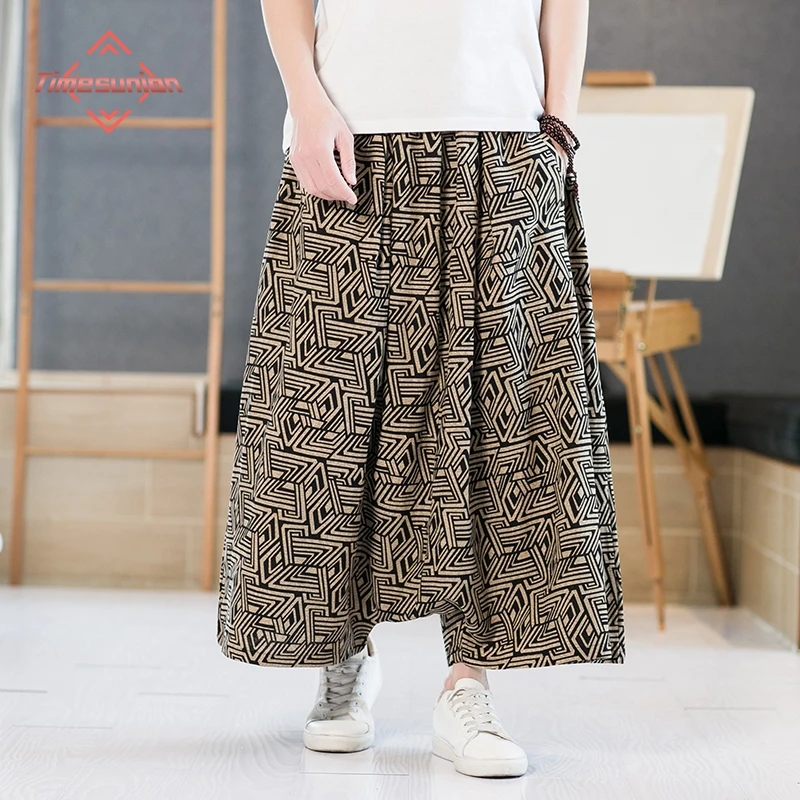 100% Cotton Men's Loose Crossover Pants Summer Retro Casual Wide Leg Pants Large Size Men's Graphic Trousers Hip Hop Clothing