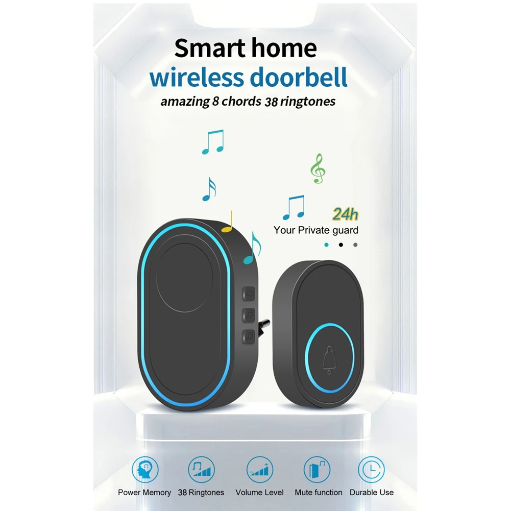 Intelligent Home Doorbell Waterproof Remote Smart Door- Chime EU Plug 1Receiver 1Button