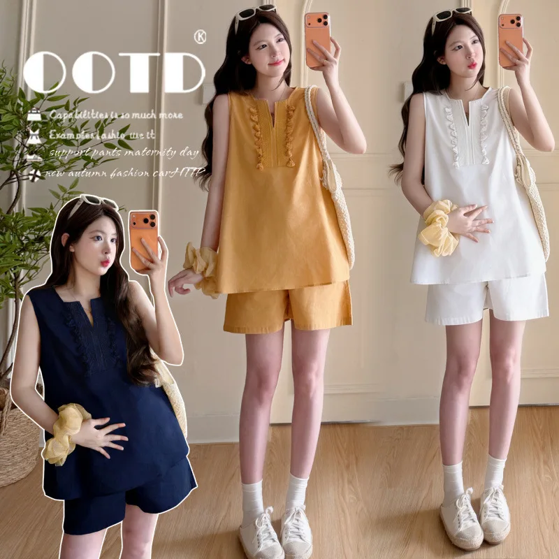completo-premaman-estivo-2026-tinta-unita-camicia-senza-maniche-e-pantaloncini-per-donne-in-gravidanza-traspirante-casual-per-vacanze