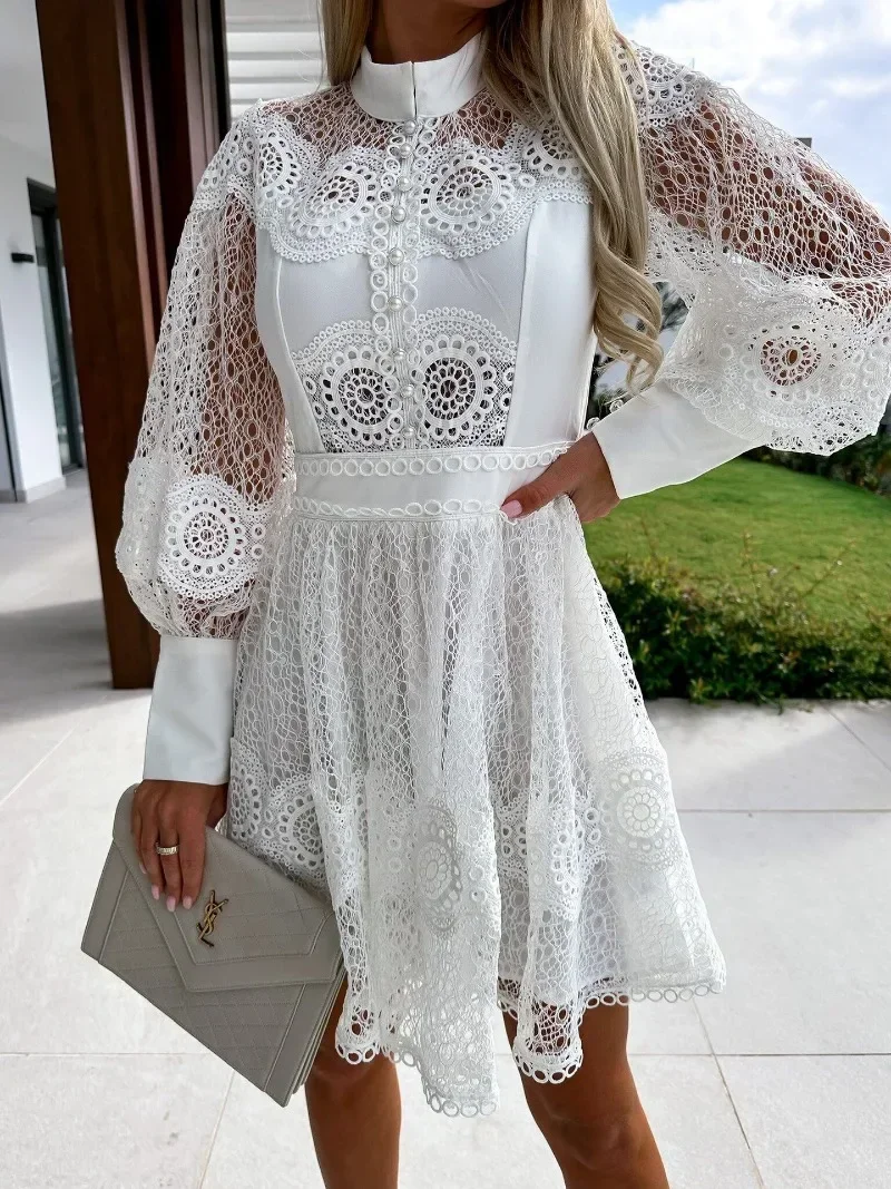 Summer White Long Dresses for Women Cut Out Embroidery Dress Woman Long Sleeve Elegant Party Midi Dresses Women