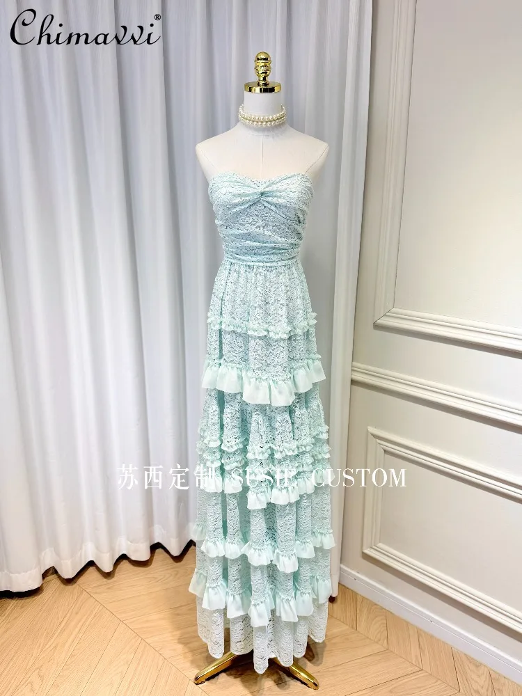 French Elegant High-End Socialite Evening Dress Knot Strapless Lace Chiffon Ruffled High Waist A-Line Vacation Long Dress Women