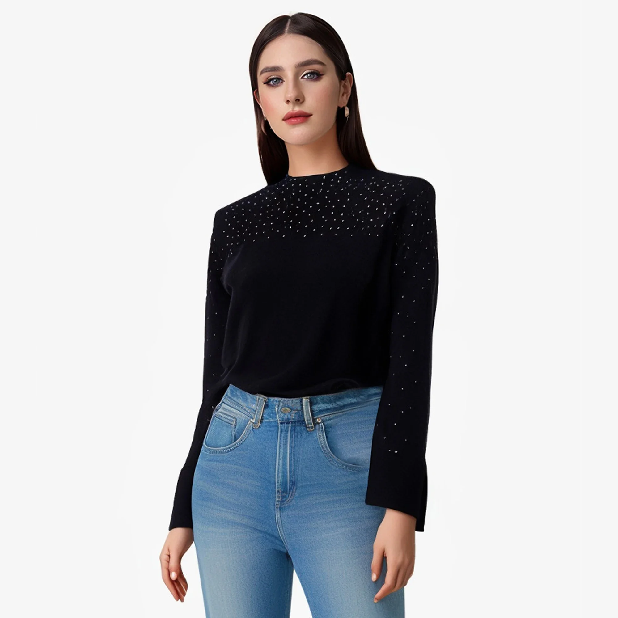 Pull Slim Chic à Manches sulfet Col Rond pour Femme, Pullover Décontracté avec Estampage à Chaud, Jersey, Automne et Hiver