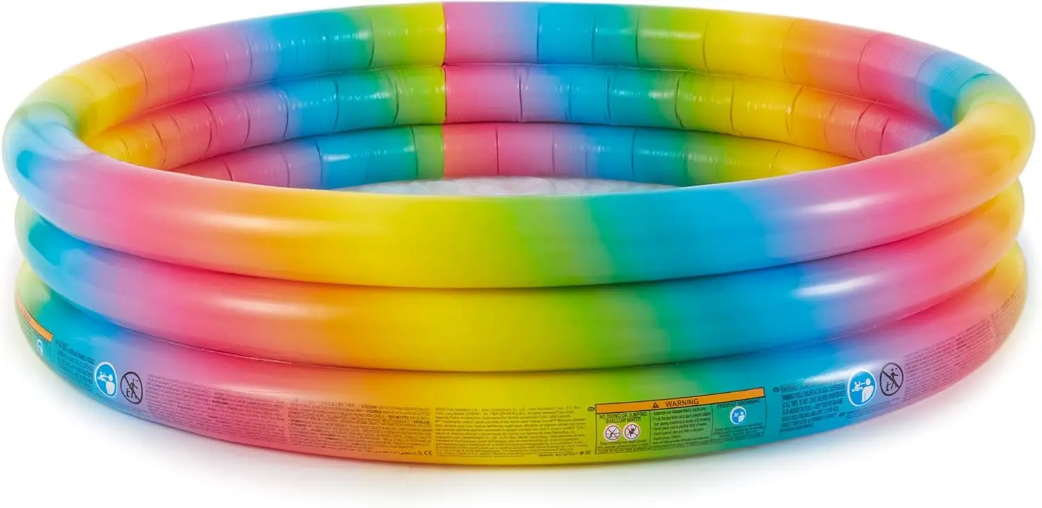 Basen dmuchany dla dzieci z tęczowym efektem ombre, 3 pierścienie, okrągły, do użytku na zewnątrz, z małymi, wielokolorowymi plastikowymi piłeczkami do basenu z piłeczkami, 100 Pa