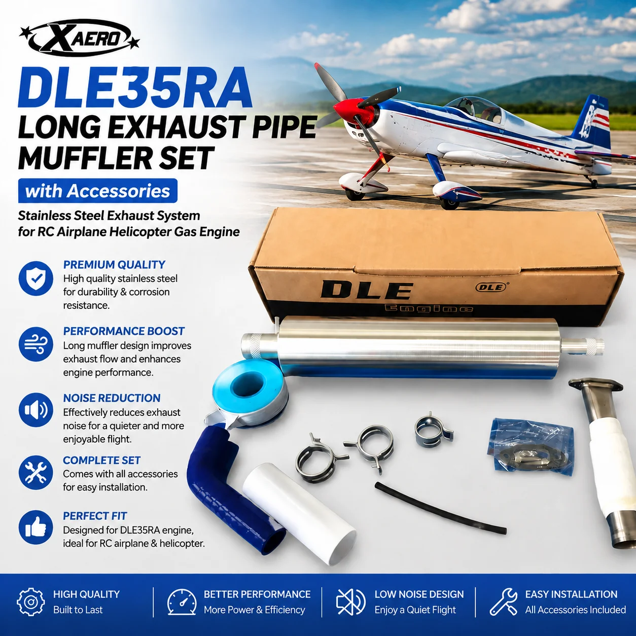 Original DLE35RA Long Exhaust Pipe Muffler Set with Accessories  Stainless Steel for RC Airplane Helicopter Gas Engine