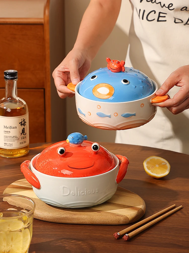 

Cute Cerc Soup Bowl Japanese Sle Crab Instant Noodles Bowl with Lid Double Ear Women High Aesthetic Value Eating Noodles...