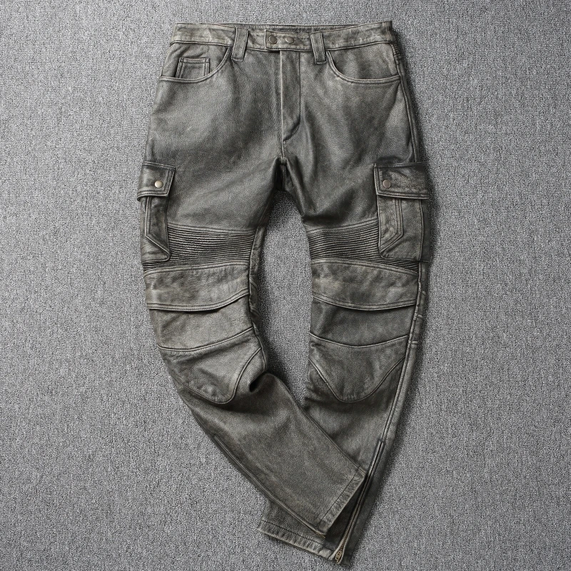 

Vintage Army Green Men Leather Pant Genuine Cowhide Motorcycle Pants Mens Leather Trousers Calca Masculina Pantalones Hombre