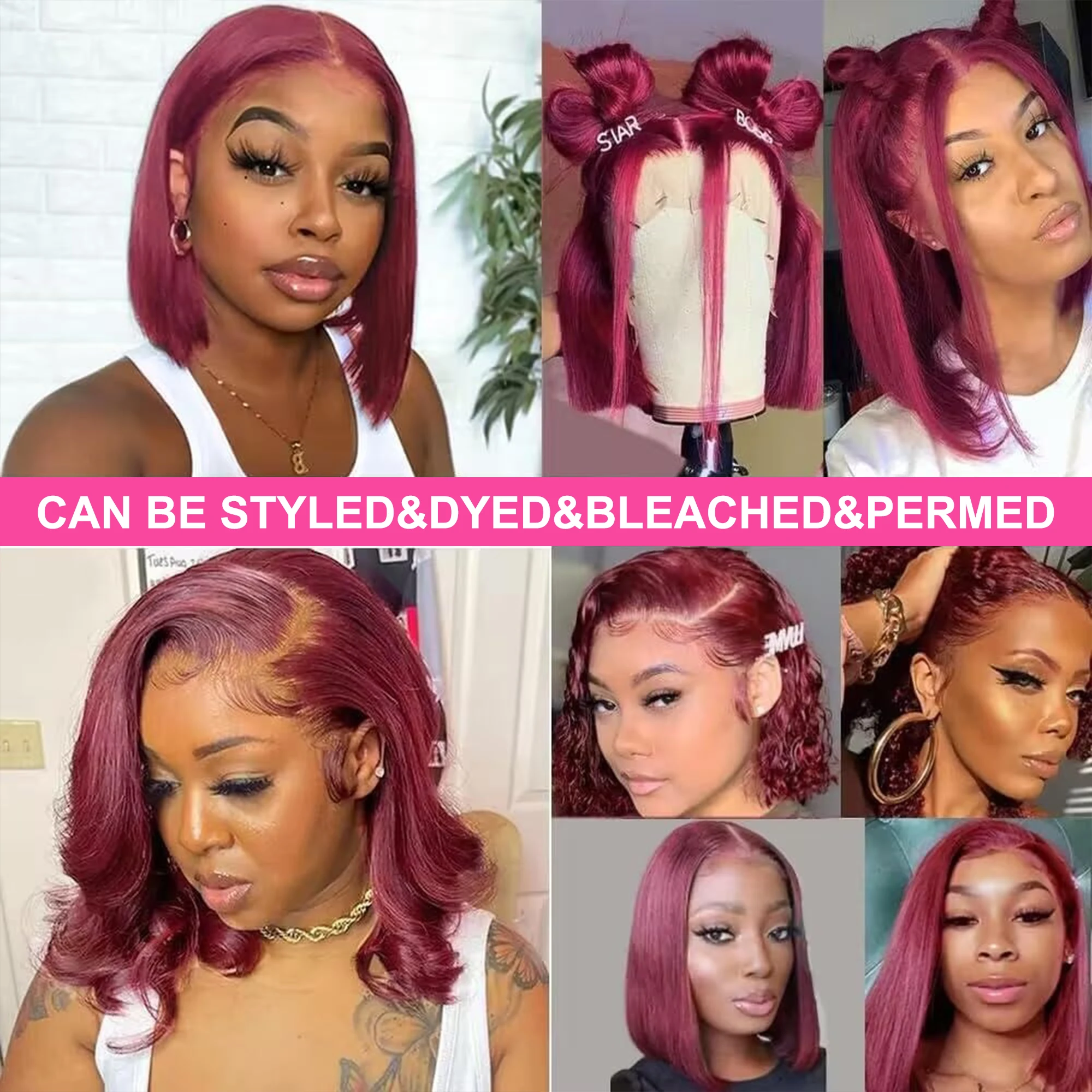 99J Burgundy Bob Wig 13x4 Lace Front Short Wigs 200nsity Straight HD Transparen… - Image 6