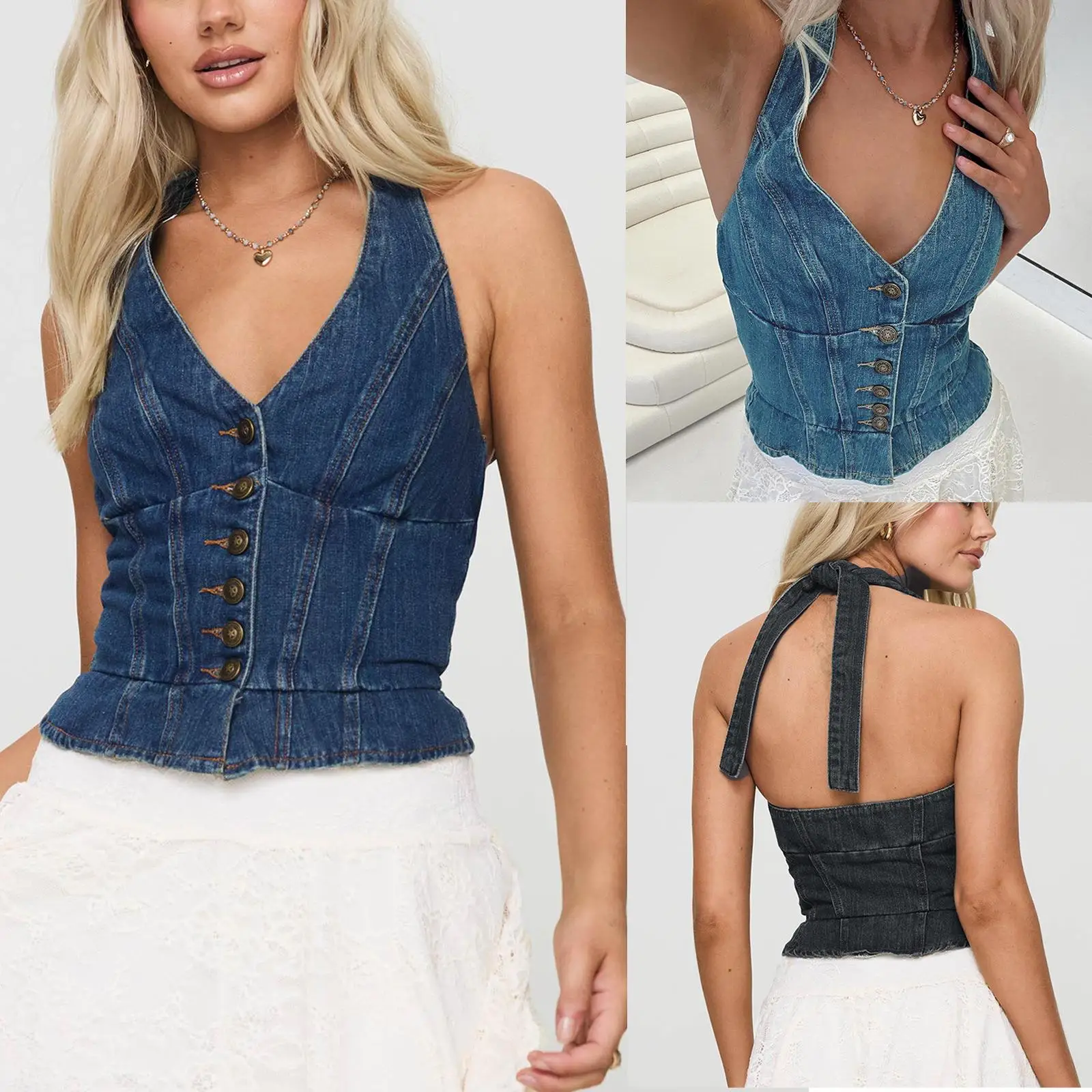 

Женский джинсовый жилет Bal с воротником и шнуровкой, винтажный стиль, из полиэфирного волокна, повседневный летний топ
