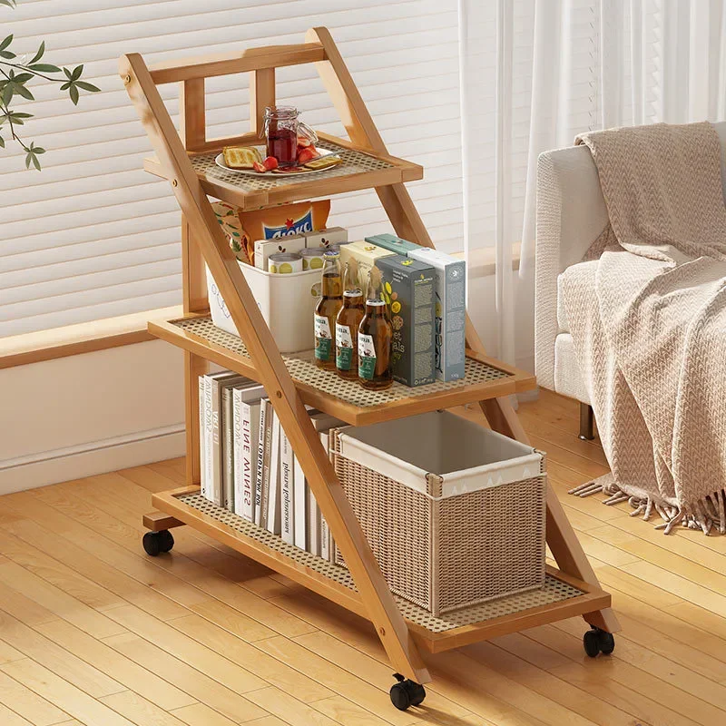 Adjustable Floor to Ceiling Folding Bookshelf Multi Tier Rolling Storage Rack for Living Room Sofa Side Simple Home Organizer