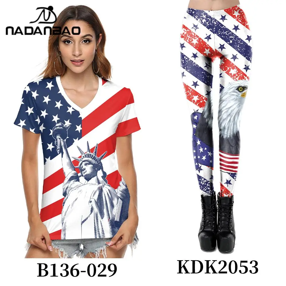 

Nadanbao Women's 3D USA Flag Print Pants Set Independence Day Holiday Party Leggings Summer V-Neck T-Shirt Soft Yoga Trousers