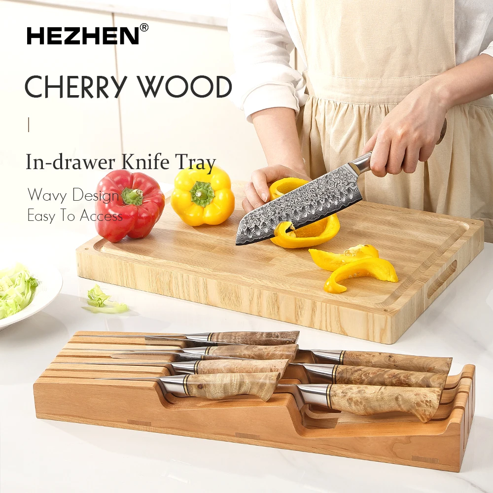 HEZHEN Cherry Solid Wood 7 Slot In-drawer Knife Tray Block Stand Kitchen Accessories Multifunctional Storage Rack Tool