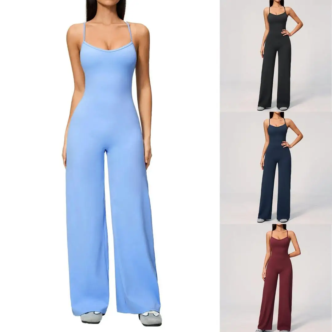B New Summer Women Sleeveless Yoga Jumpsuit Female Gym Flared Overalls Neck-hanging Backless Sportswear Sport Outfit For Woman