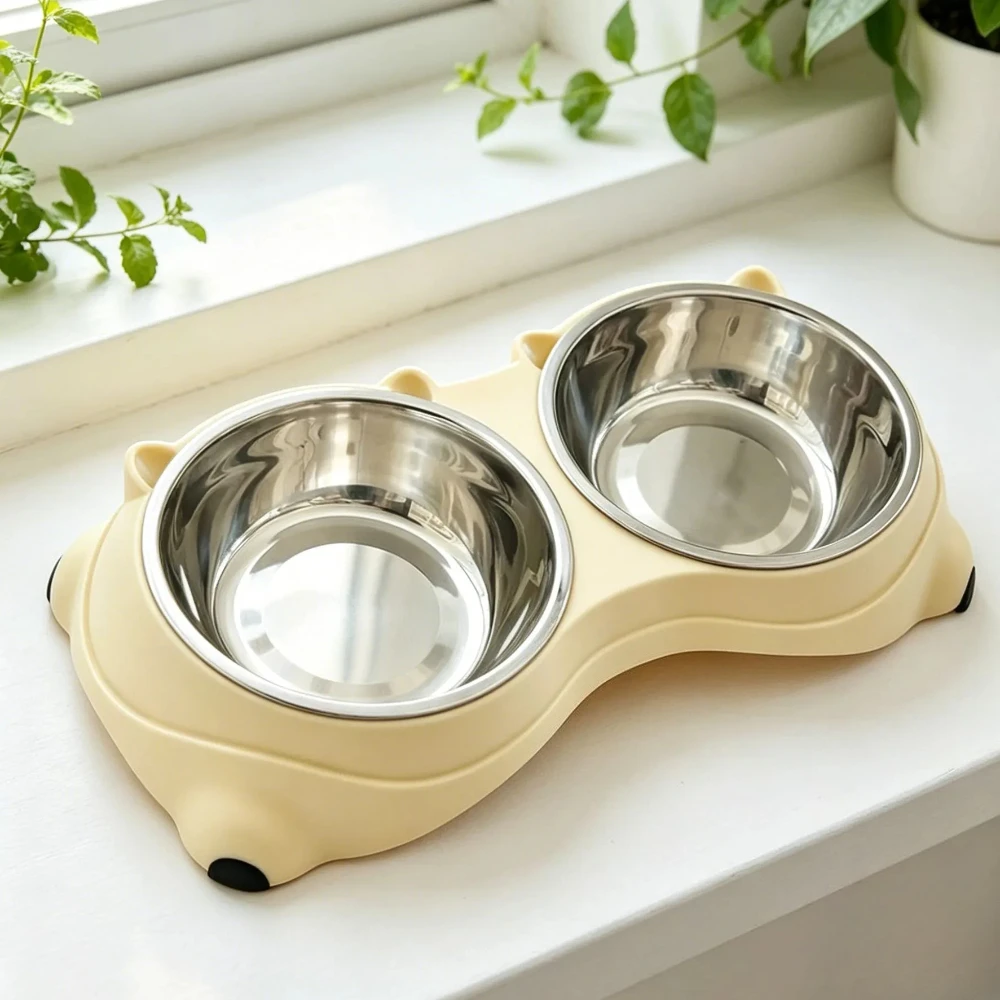 1pc Cute stainless steel pet double bowl anti slip cat food basin water basin detachable feeding bowl easy to clean cat and dog feeder suitable for young cats, puppies, small dogs indoor pets daily feeding food