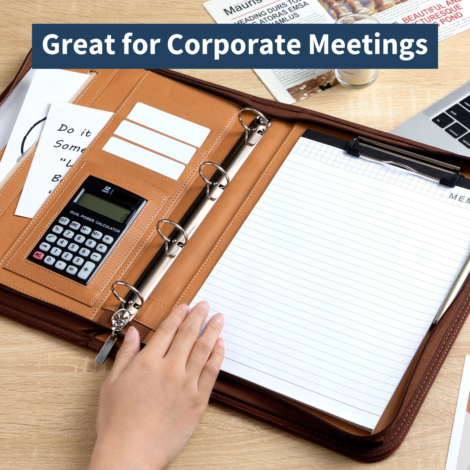 New A4 Portfolio 4 Ring Binder with Zipper, PU Leather Padfolio Document Organizer with Storage, Professional Business Briefcase