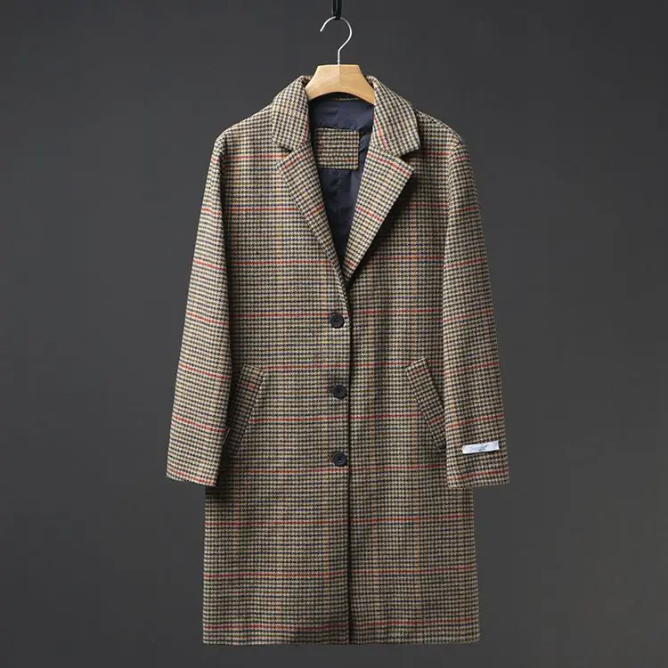 Retro British style! Tone color! Autumn and winter men's clothing medium and long plaid woolen coat woolen coat tide