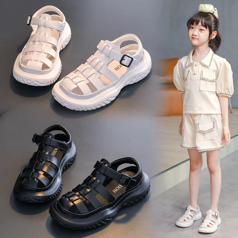 2023 Summer Fashion Cut-Outs  Princess Sandals for Girls Shoes Child Girl Flat Sandals Sports Beach Kids Shoes Black White 26-36