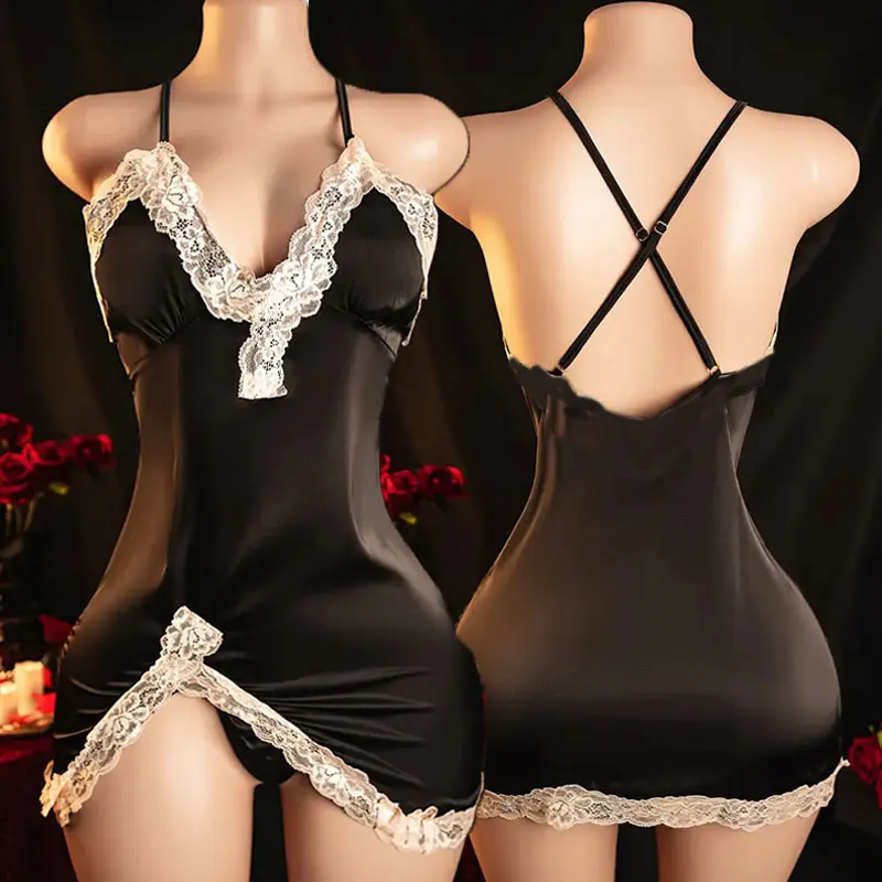 

Spaghetti Strap Nightgown Deep V Women Elegant Sleepwear (no Thong) Big Backless Black Short Hot Night Dress Women's Lingerie