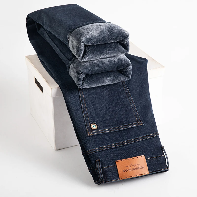 

Men's Straight Jeans Fleece Thickened Casual Vintage Comfortable Business Warm Velvet Stretch Denim Trousers Male