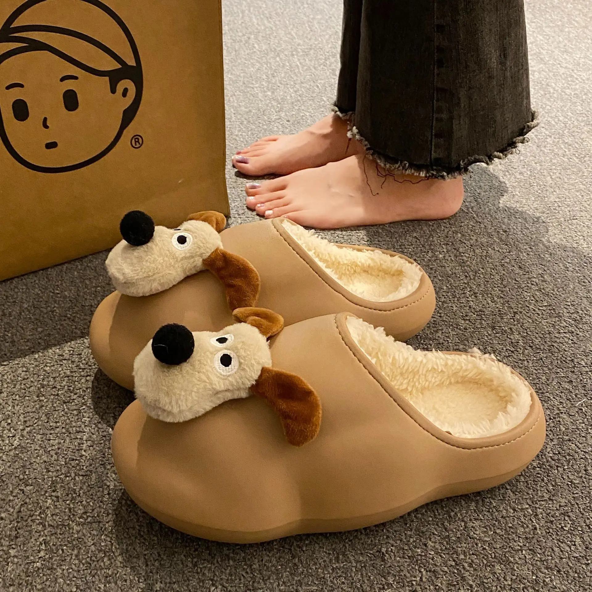 Cartoon Schattige Hond Katoenen Slippers Dames 2024 Herfst En Winter Nieuwe Kleding Antislip Fleece Warme Pluche Slippers