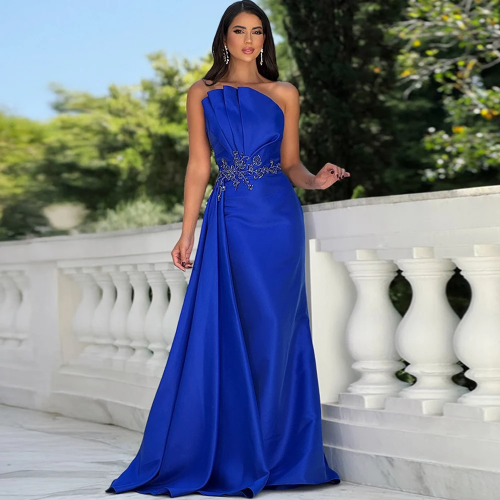 

Classic Blue Satin Evening Dress Strapless Appliques Celebrity Gowns Temperament Mermaid Panel Train Customized Party Dresses
