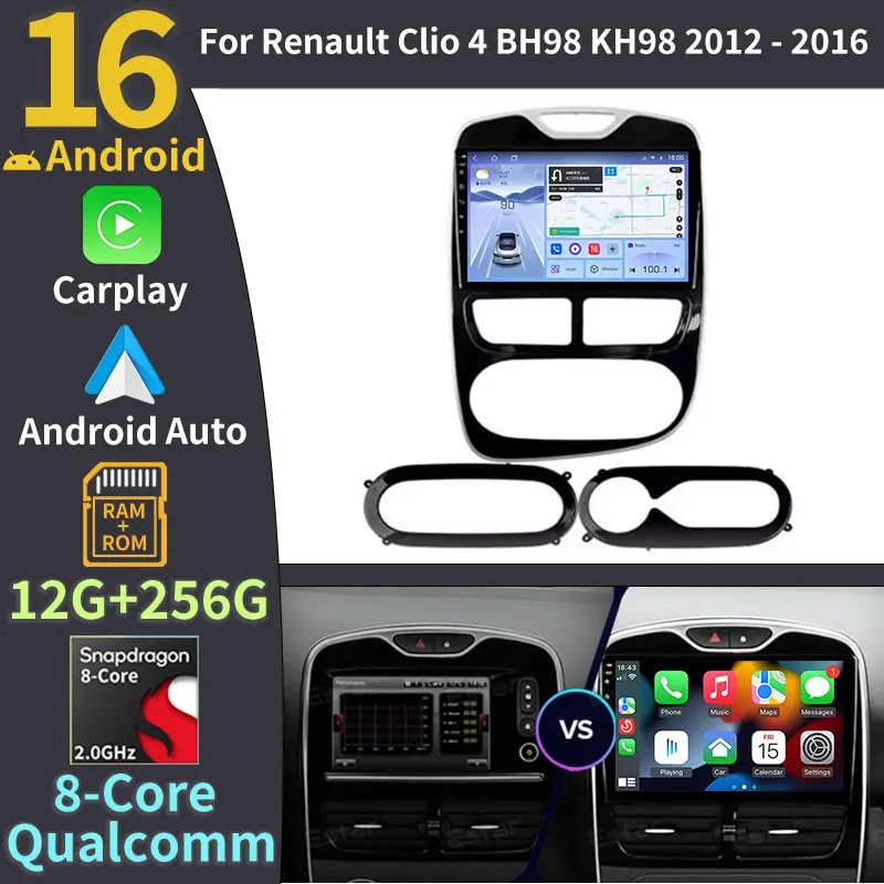 Car Radio Android 16 For Renault Clio 3 4 2012 2013 - 2018 Carplay Auto Player GPS Stereo Multimedia 2K QLED Screen Wireless DVR