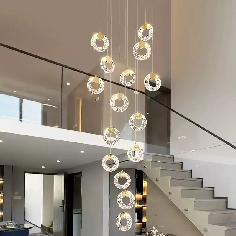 

New Circle Led Chandeliers Villa Living Room Stair Light Loft Crystal Hanging Lamp Home Decor Bedroom Dining Interior Lighting