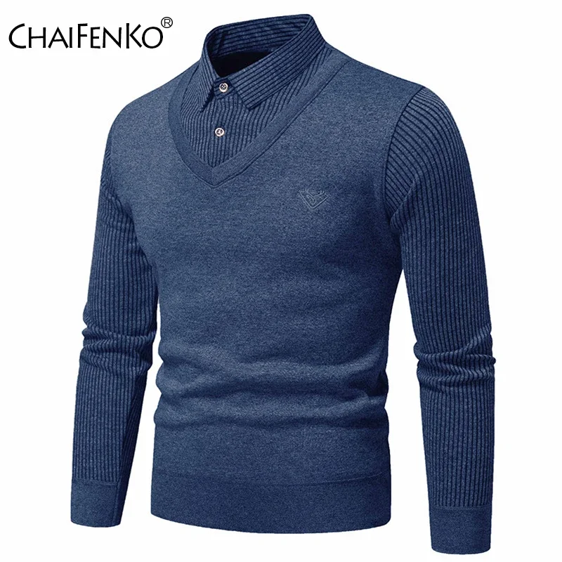 Autumn Winter Men Slim Fit Warm Elastic Sweater Outdoors Fashion Flip Collar Knitted Tops New Solid Fake Two Piece Pullover Men