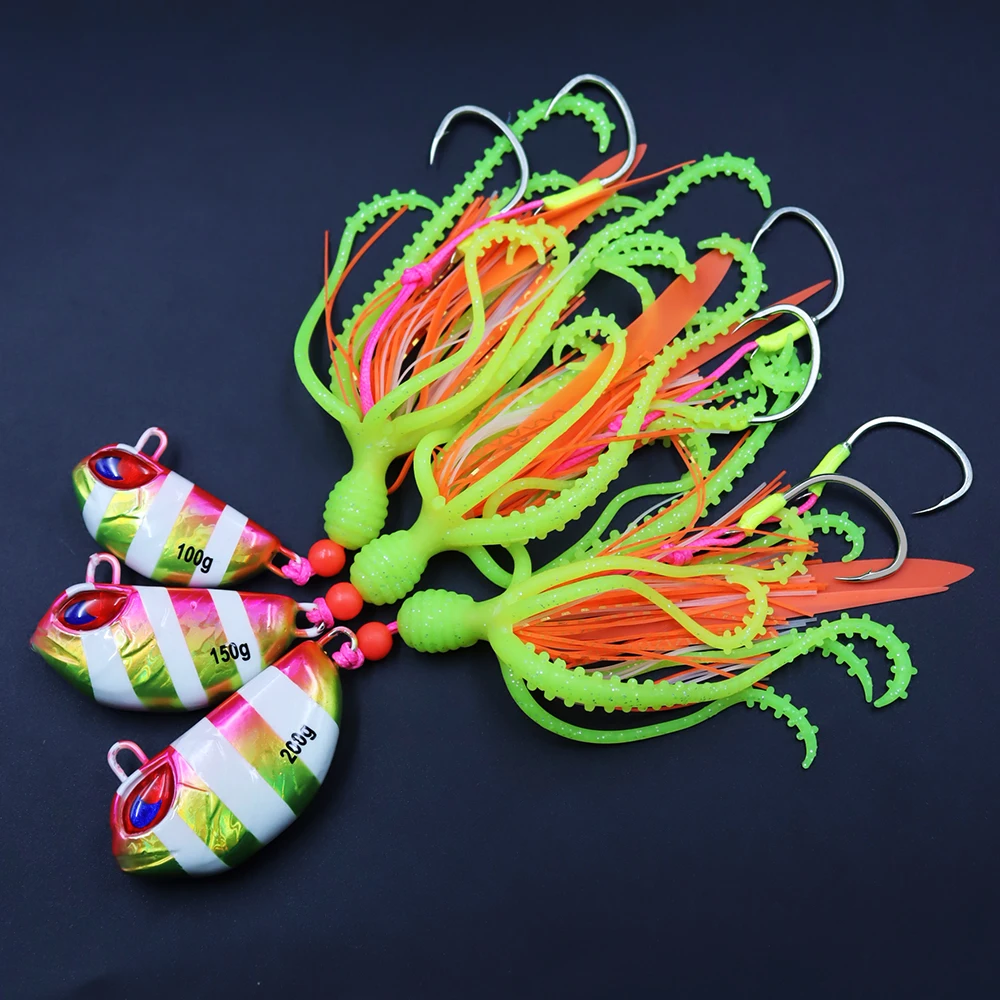 ZYZHE 1 Stück Hybrid-Jig für Meeresangeln 100/150/200G JIG mit Weichem Oktopus-Köder Salzwasser-Bootsangelköder Ideal für Tiefseeangeln – Detail 7