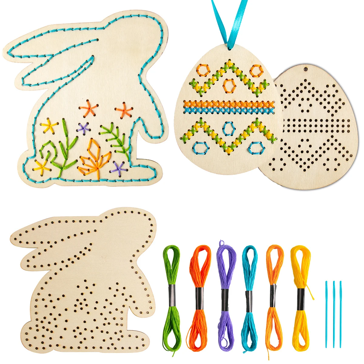 Unfinished Easter Wooden Cross Stitch Kit Easter Bunny Egg Wood Ornament Crafts Kids Party Easter Activity DIY Embroidery Set