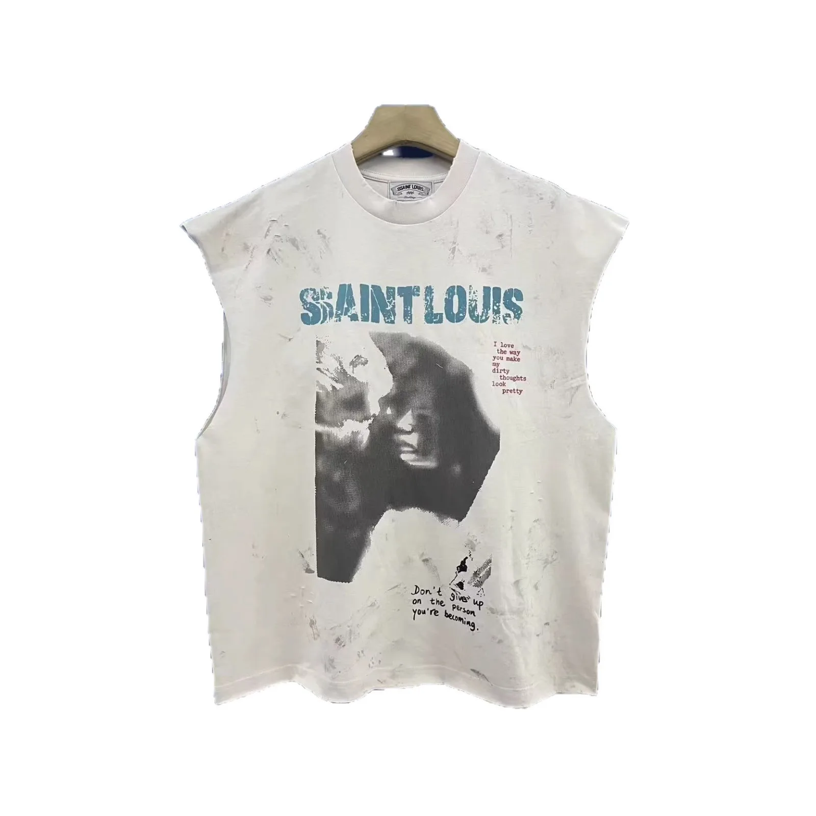 

SSSAINT LOUIS American streetwear brand Blue lettering logo. Street style Washed and aged effect. Sleeveless T-shirt