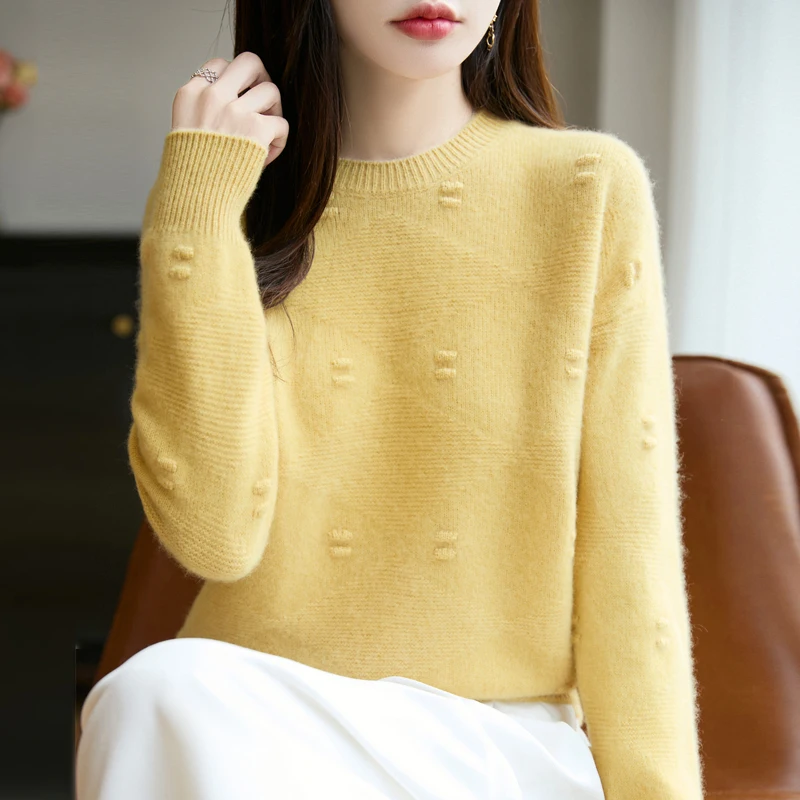 

O Neck Pullover Women's 100% Merino Wool Loose Sweater Spring and Autumn Women's Fashion Jacquard Long-Sleeved Knit Top