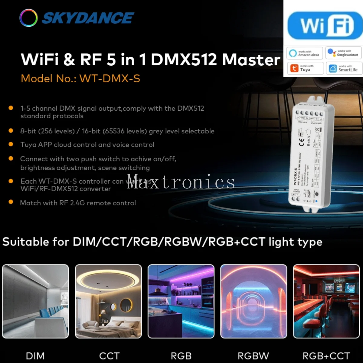 5-in-1 WiFi&RF DMX512 Master WT-DMX-S TUYA APP Control 5CH DMX Signal Output For Single Color RGB RGB+CCT RGBW LED Light 12-36V