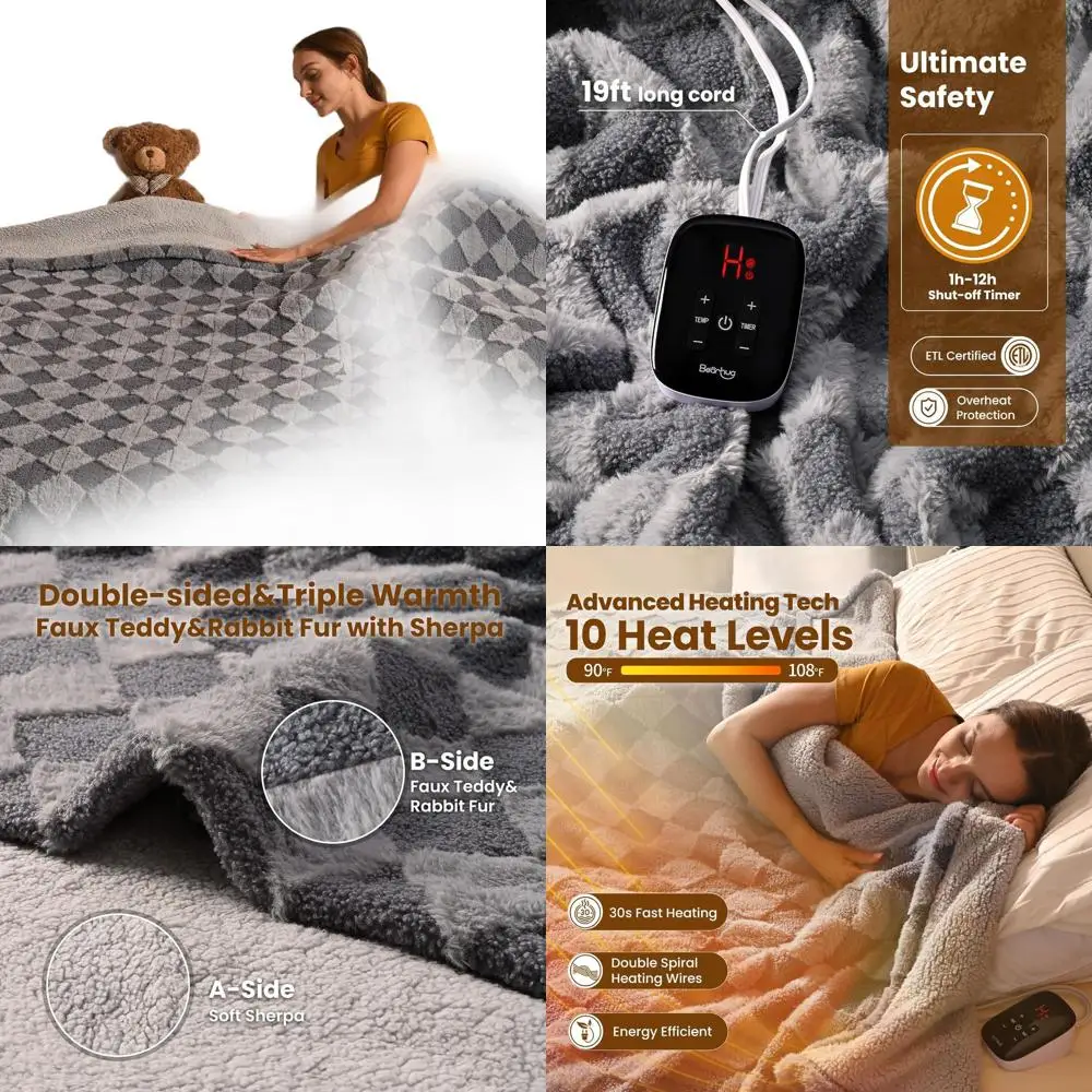 

Full Size 77x84 Gray Teddy Faux Fur Sherpa Electric Blanket, 10 Heat Settings, 1-12H Auto-Off, ETL Certified, Machine Washable,