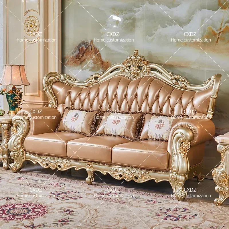 European leather combination sofa living room carved U-shaped champagne gold solid wood 123 villa high-end luxury Europe and