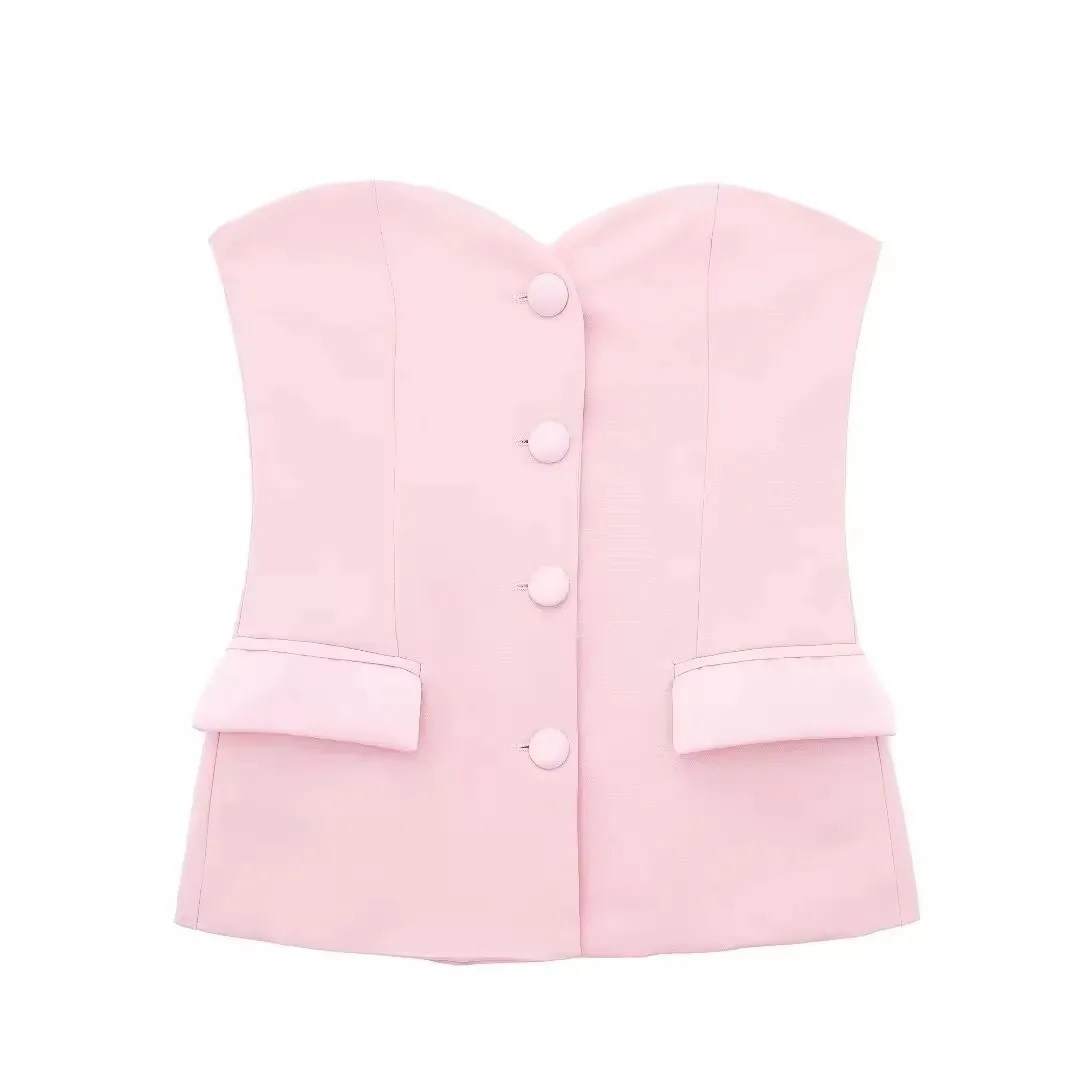 HH Donne di Estate Elegante Top Bianco Bottone Frontale Corsetto Tubo Top Senza Spalline Senza Maniche 2024 di Modo Y2k Femminile Chic Top