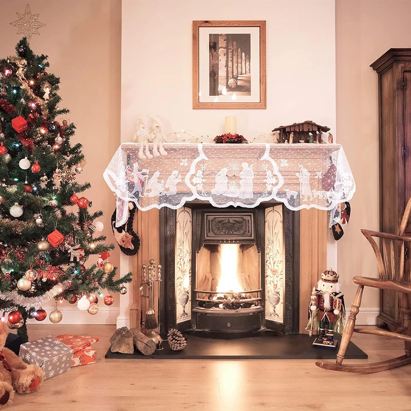 1 Stück Weihnachtliche Weiße Spitzen-Jesus-Girlande Kaminschürze für Familien-Wohnzimmer Innendekoration, 20 X 90 Zoll – Detail 2