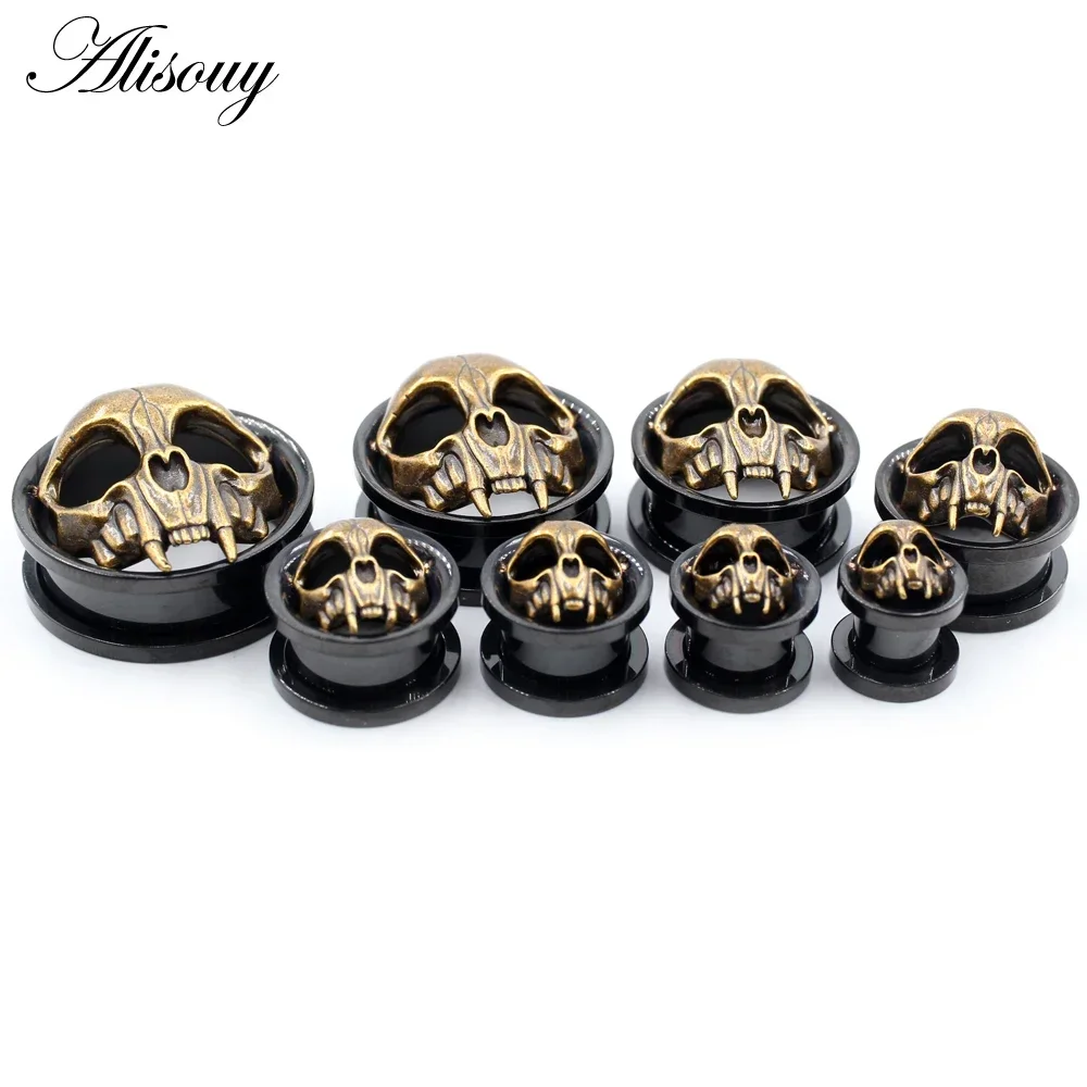 2 Pieces 8-25mm Stainless Steel Antique Gold Skull Head Ear Piercing Tunnels Expanders Body Jewelry Earring Gauges Stretchers