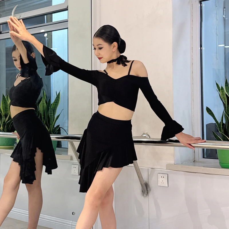 Latin Dance Costume Girls Black Lotus Leaf Side Length Sleeve Top Skirt 2 PCS Set Samba Performance Clothes Training Wear XH1734