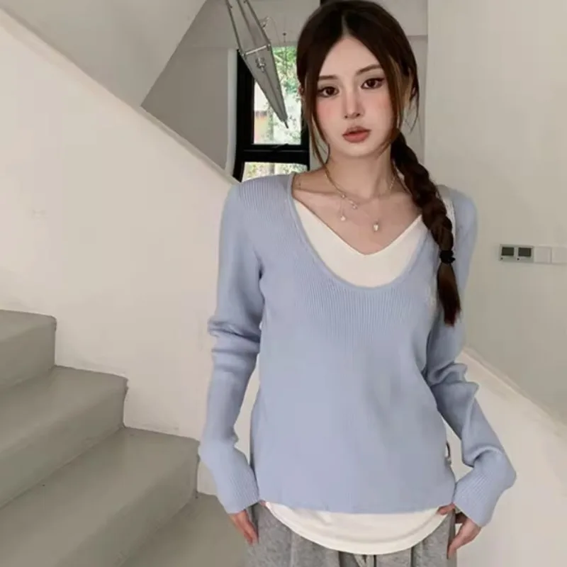 Long Sleeve T-shirts Women Fake Two Pieces Baggy Clothes Fashion All-match Outwear Preppy Youthful Young Lady Tender Ulzzang