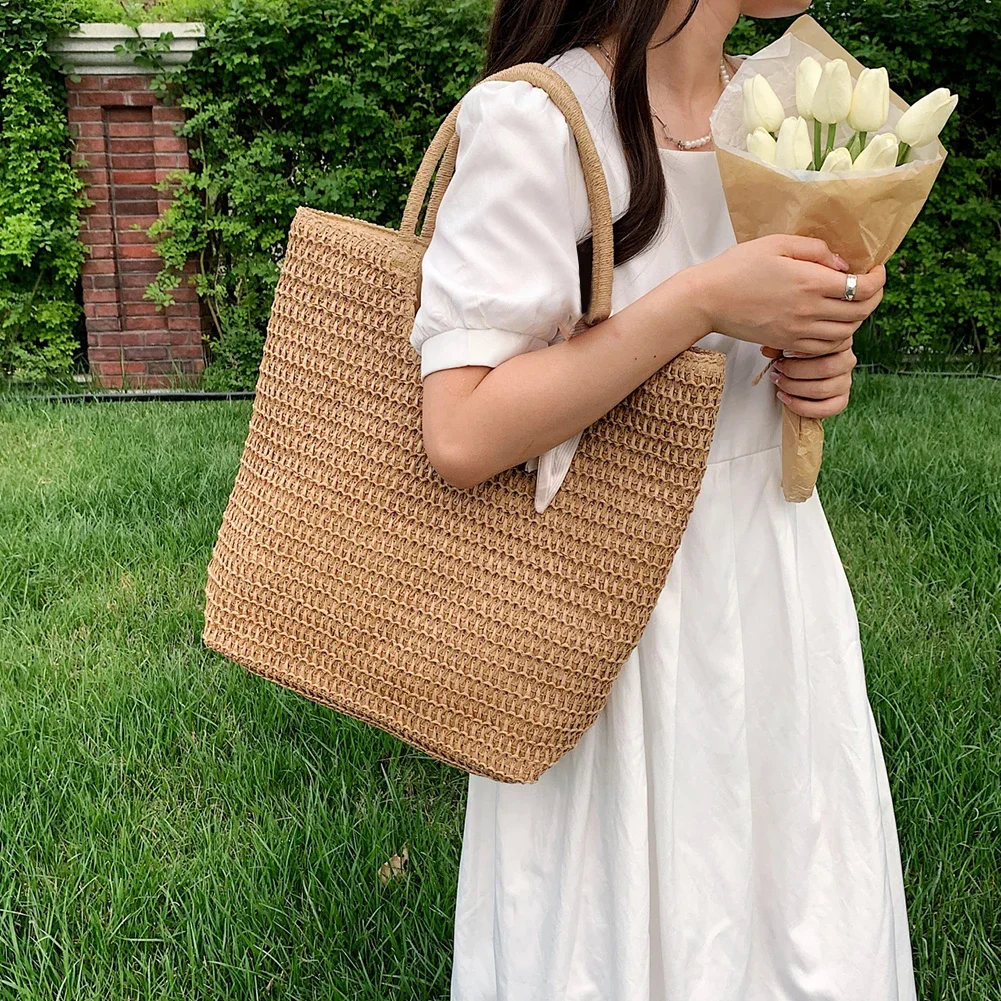 Women Straw Hobo Bag Large Capacity Crochet Beach Handbag Zipper Closure Weaving Travel Handbag Ladies Summer Daily Bag