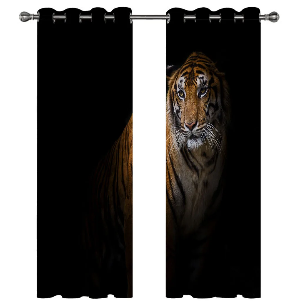 HUANZHUANG Curtains For Window Animal Tiger Black Background 3D Modern 2 Pieces Fashion Thin Window Curtain For Living