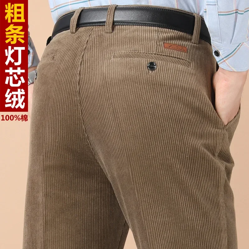 

2025 New in Men Corduroy Pants Husband High Waist Straight Leg Fleece Trouser Male Cotton Winter Spring Thick Warm Brown Thermal