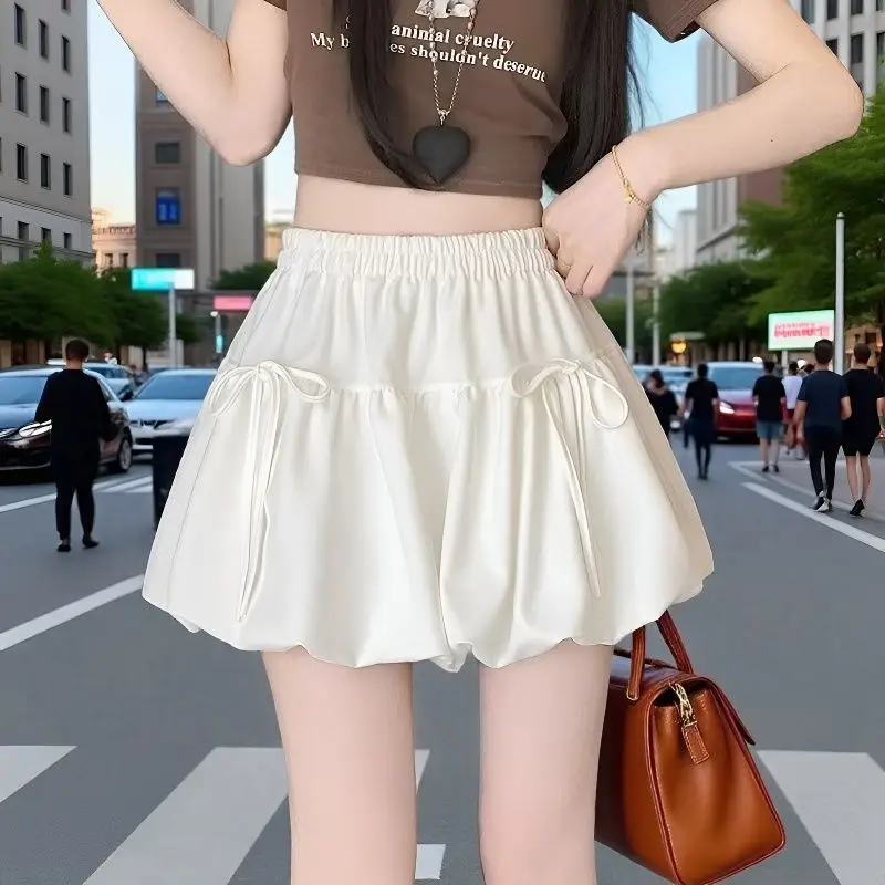 2026 New Summer Women's White Bow Bubble Skirt, Sweet High Waist Tiered A-Line Mini Skirt