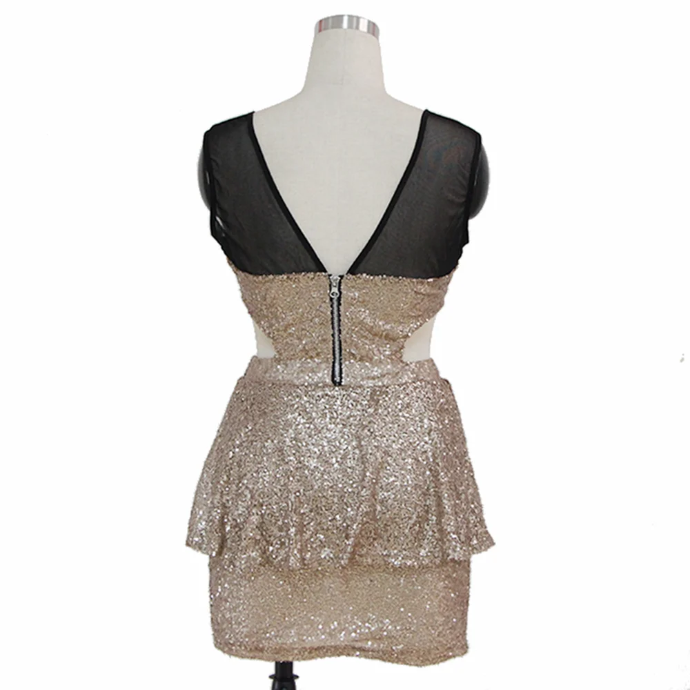 Gold Clinquant Mesh Cutout Peplum Dress New Fashion Short Party Club Wear Sequin Dresses Vestidos