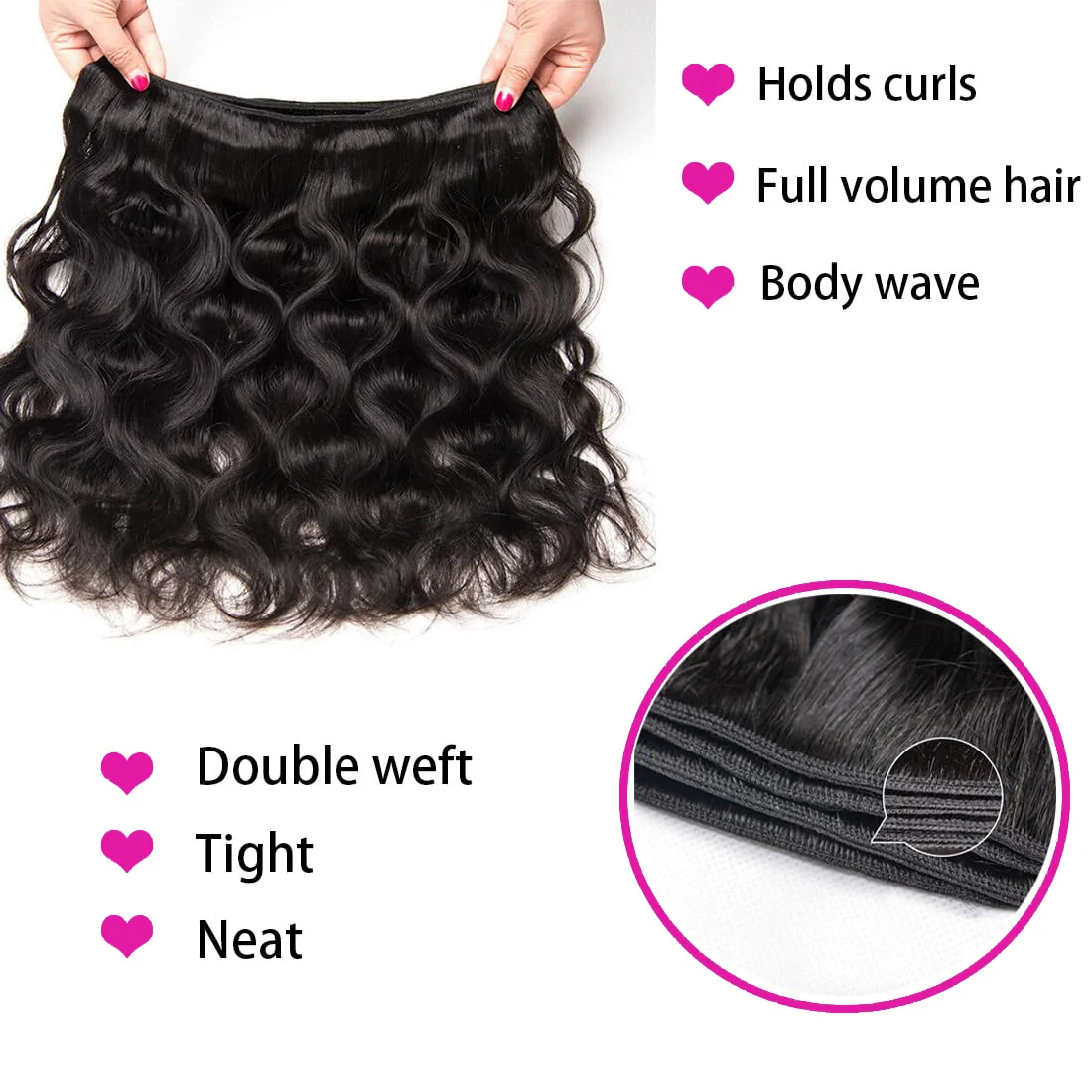 Tissage en Lot Brésilien Naturel Body Wave, Cheveux Vierges, Non Traités, Noir Naturel, 26 28 30 Pouces, 100%, 3 Lots