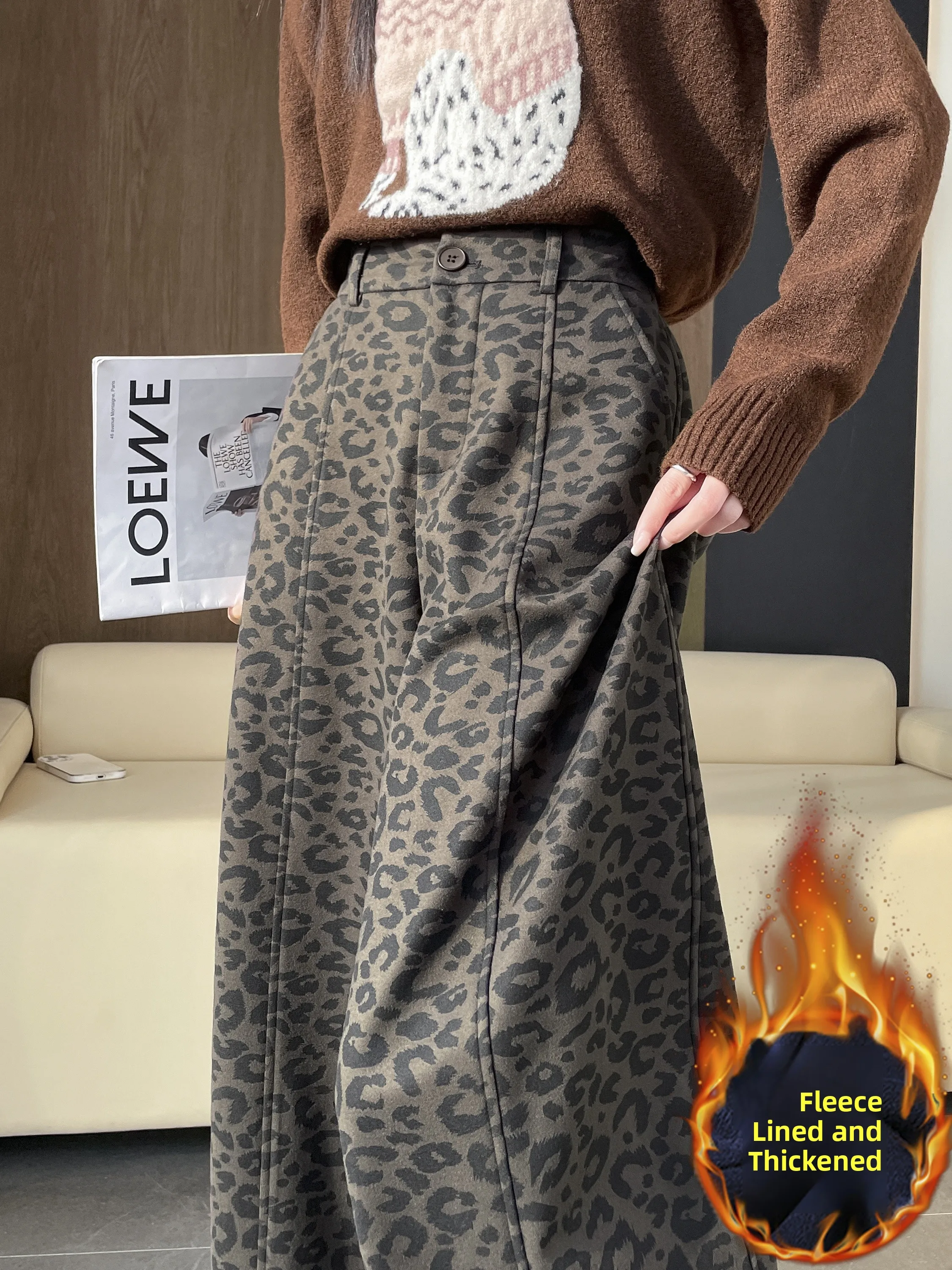 High Waist Thiened Fce Wide Leg Pants Women's Winter New Sle Leopard Print Casual Pants Slimming Loose Straight Cut