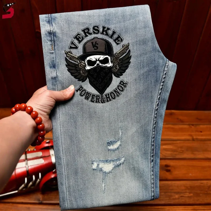 

2026 Summer Street Style Print Design Vintage Ripped Jeans For Men Stylish Slim Straight Denim Pants Fashion Casual Trousers