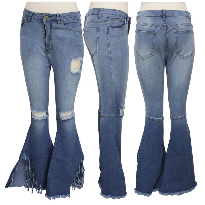 Spring New 2023 Skinny Flared Denim Pants Women Streetwear Solid Cut Out Hole Ripped Jeans High Waist Tassels Plus Size S-XXXL