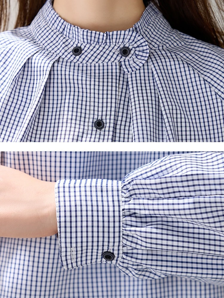 خمر الوقوف طوق منقوشة الكشكشة قميص المرأة الخريف سيدة أنيقة بسيطة تنوعا الأزرق فضفاضة طويلة الأكمام بلوزة بلايز عادية