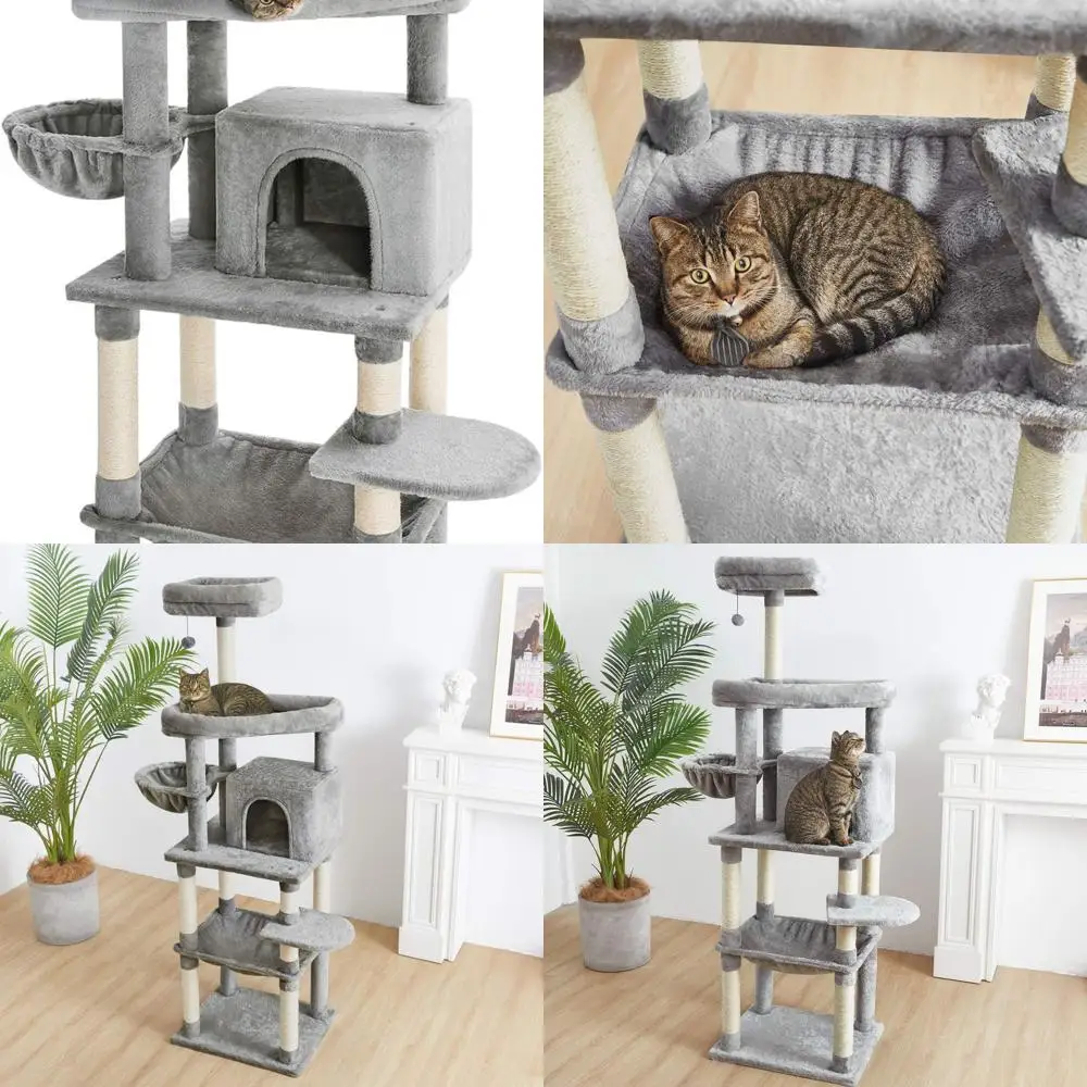 

Gray Indoor Cat Tree with Plush Perches, Cozy House, Scratching Post, and Compact Design